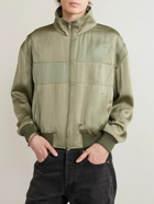 SAINT LAURENT - Logo-Embroidered Wool-Trimmed Satin Bomber Jacket - Green