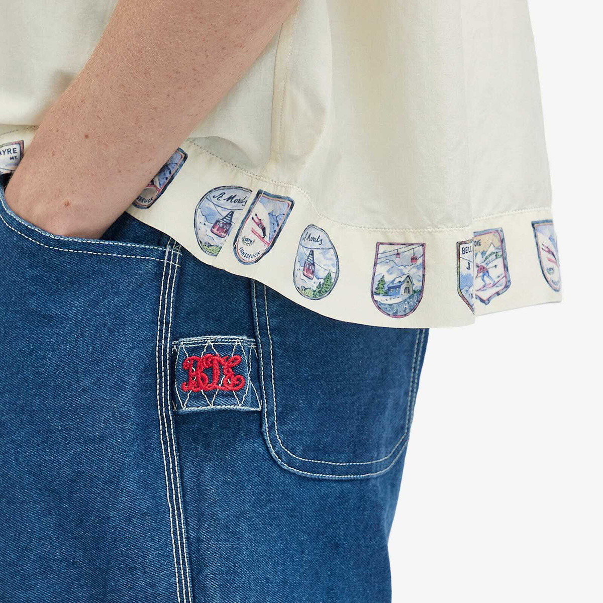 BODE Men's Embroidered Denim Knolly Brook Trousers in Indigo