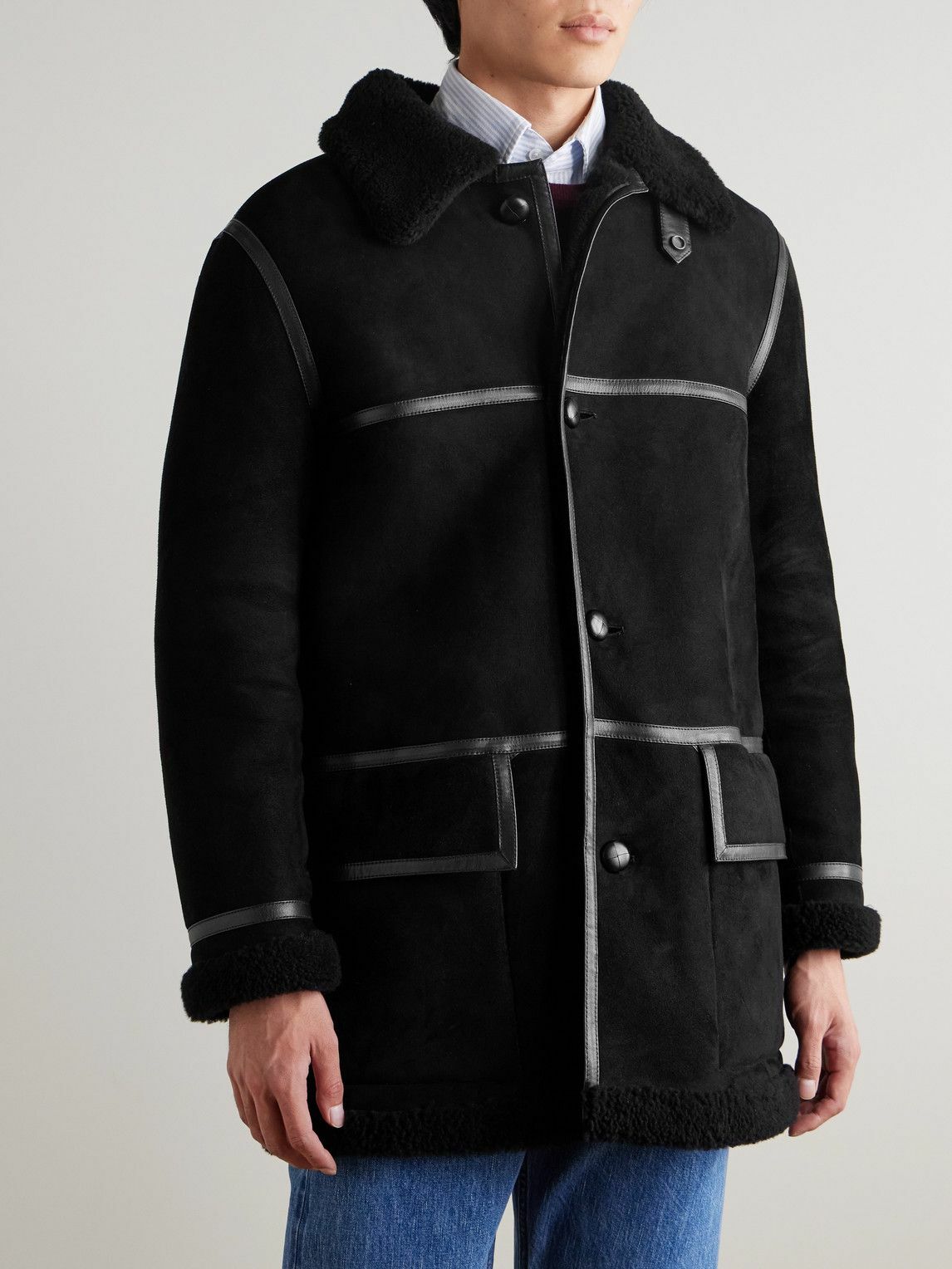 Drake's - HIM Leather-Trimmed Shearling Coat - Black