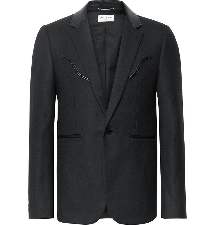 Photo: Saint Laurent - Black Slim-Fit Leather-Trimmed Wool Blazer - Men - Black