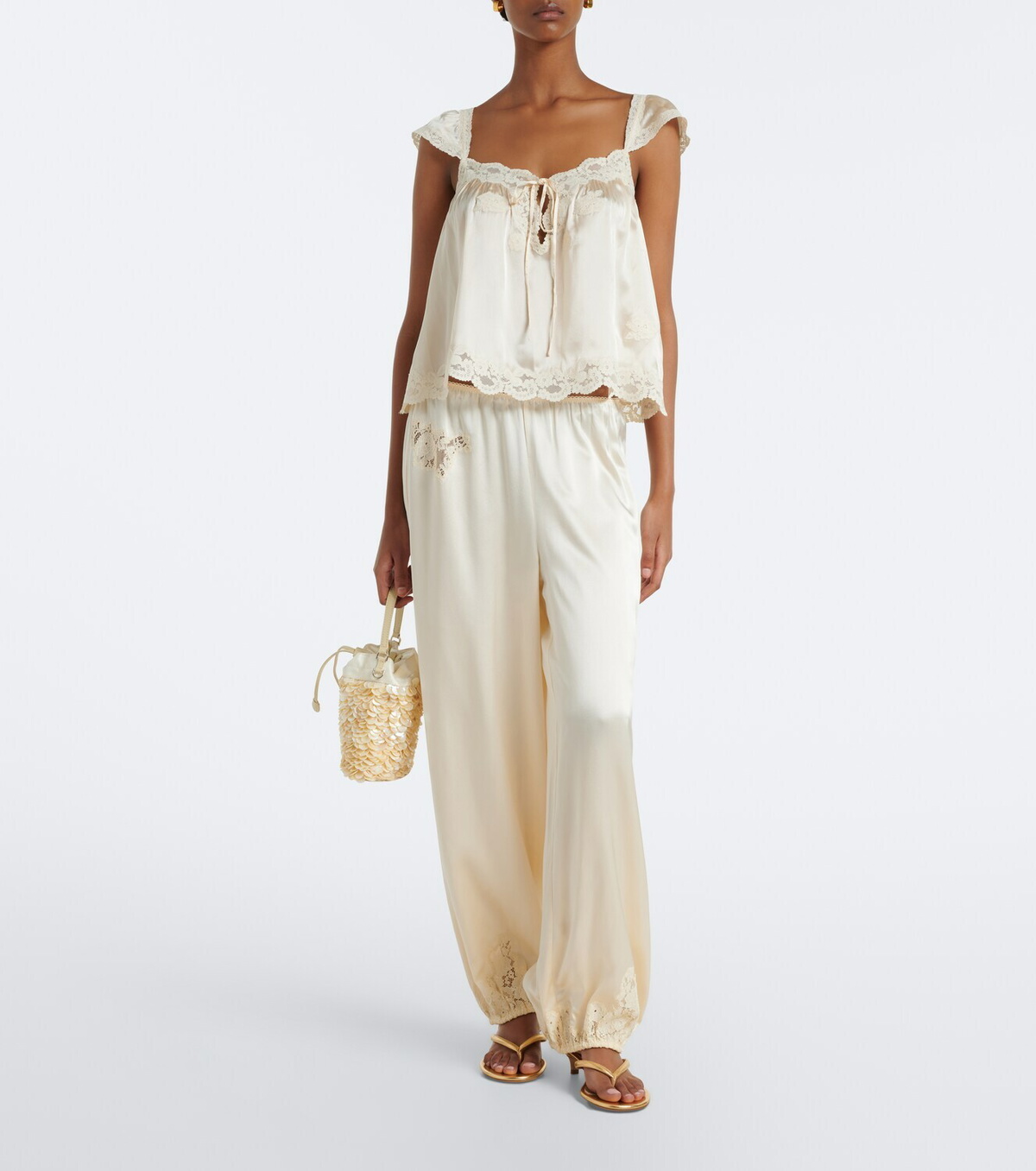Dôen Yaria lace-trimmed silk satin balloon pants