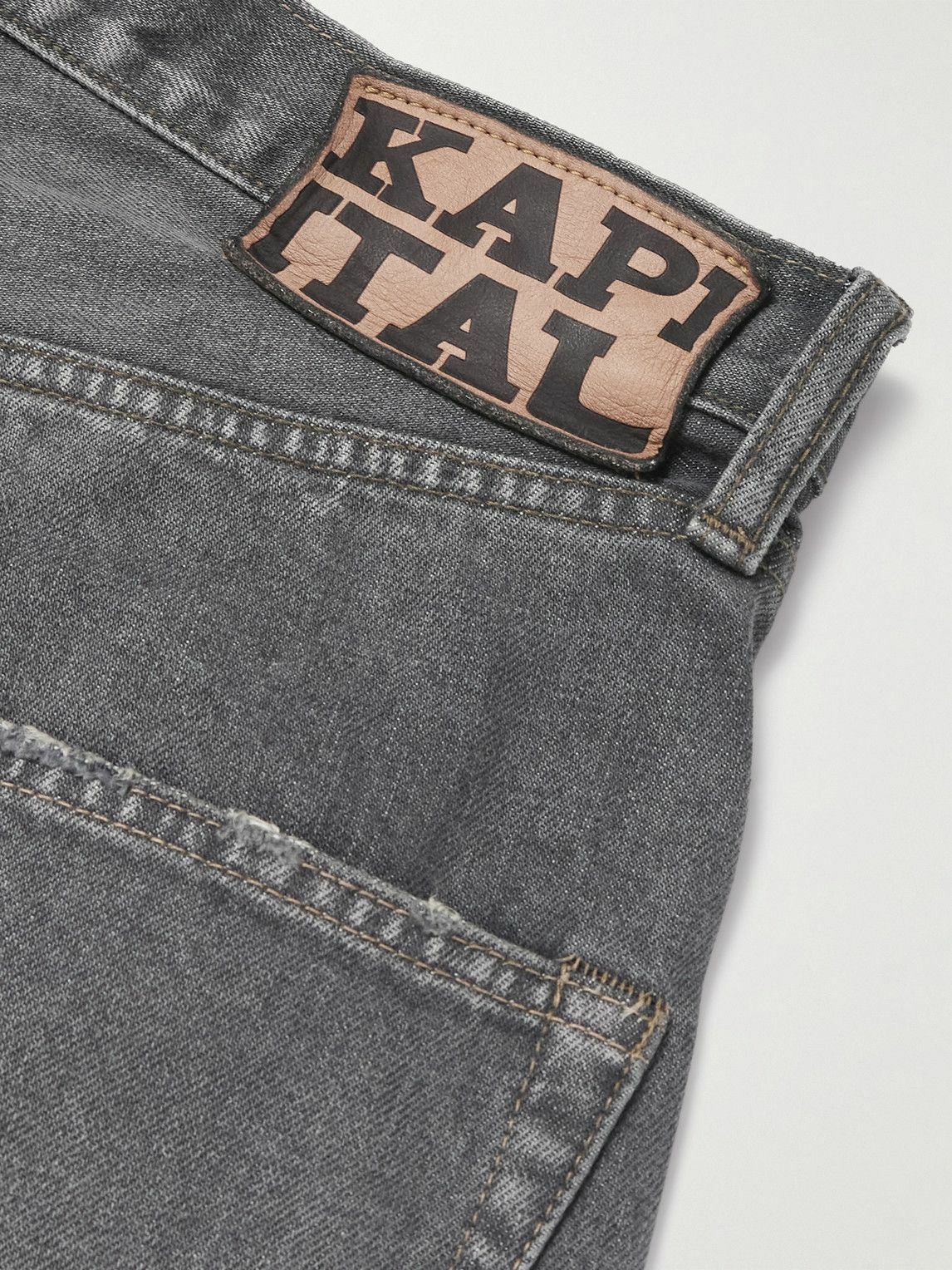 KAPITAL - Wide-Leg Appliquéd Distressed Denim Shorts - Gray