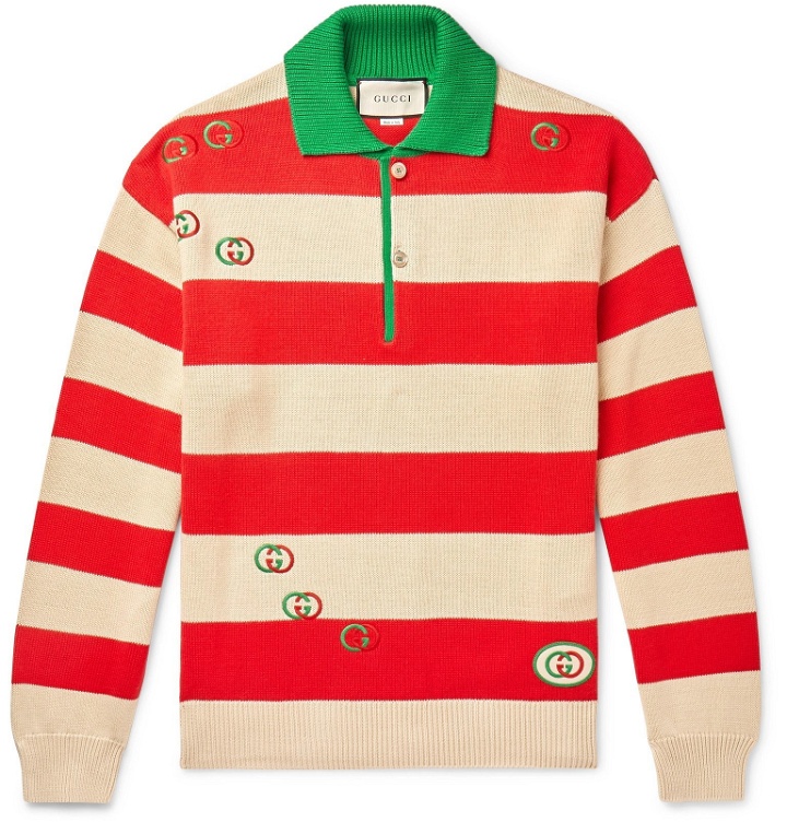 Photo: Gucci - Logo-Embroidered Striped Cotton Half-Placket Sweater - Red