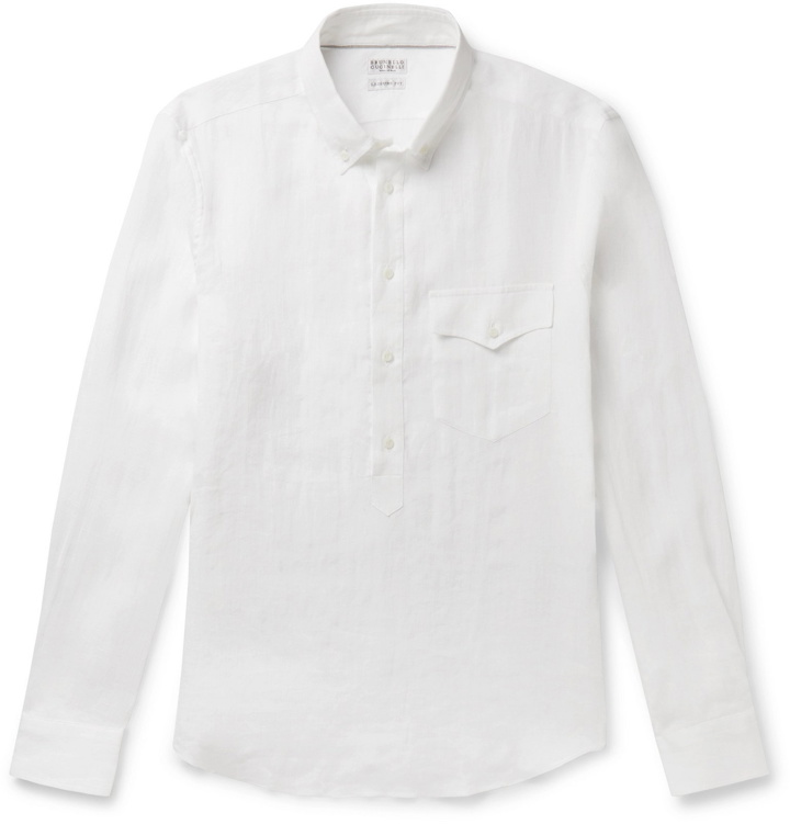 Photo: Brunello Cucinelli - Button-Down Collar Linen Half-Placket Shirt - White