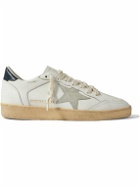 Golden Goose - Ball Star Distressed Faux Suede-Trimmed Embossed Leather Sneakers - White
