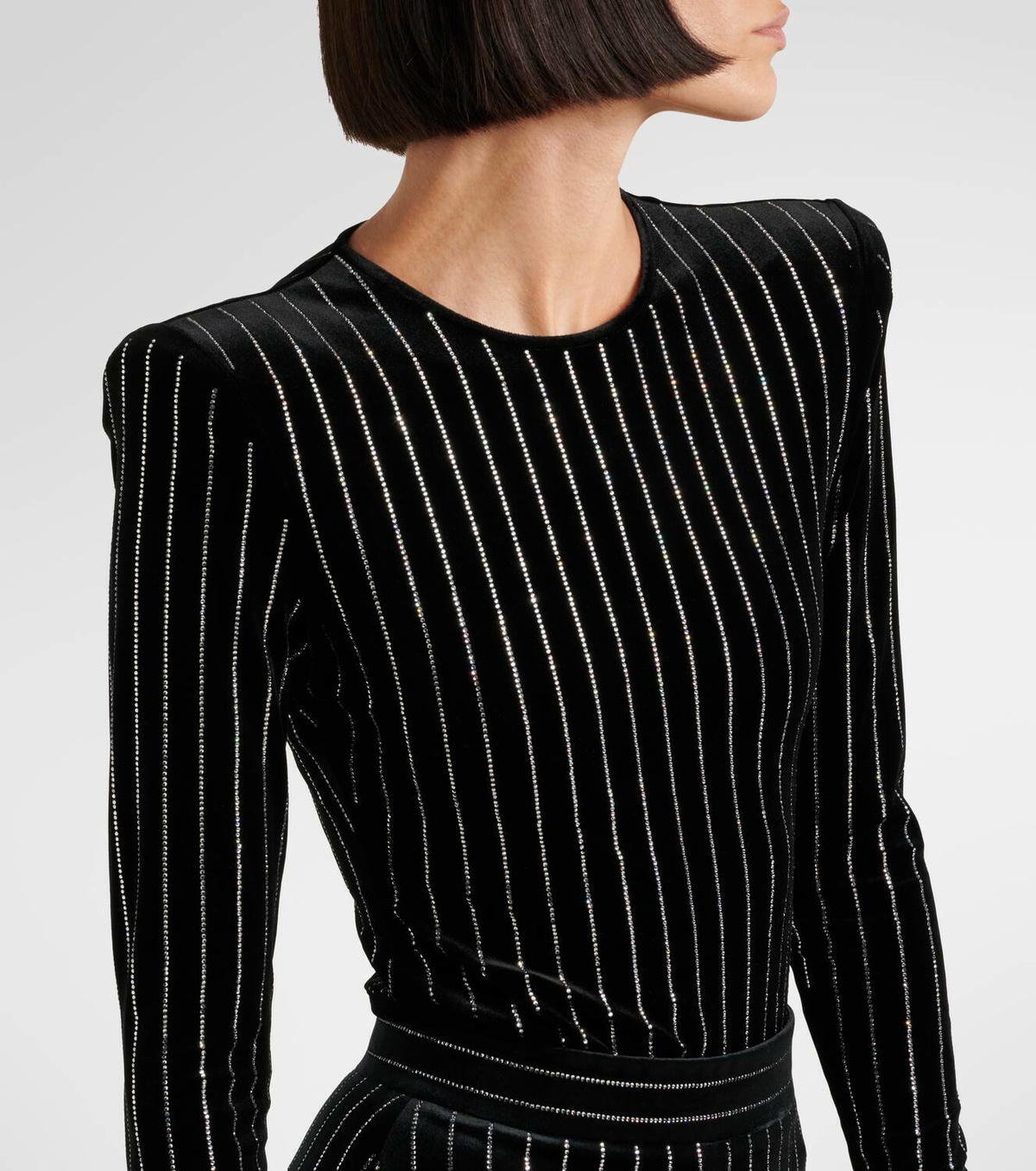 Alex Perry Crystal-embellished pinstripe velvet bodysuit
