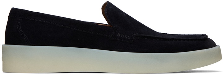 Photo: BOSS Navy Suede Logo Detail Loafers