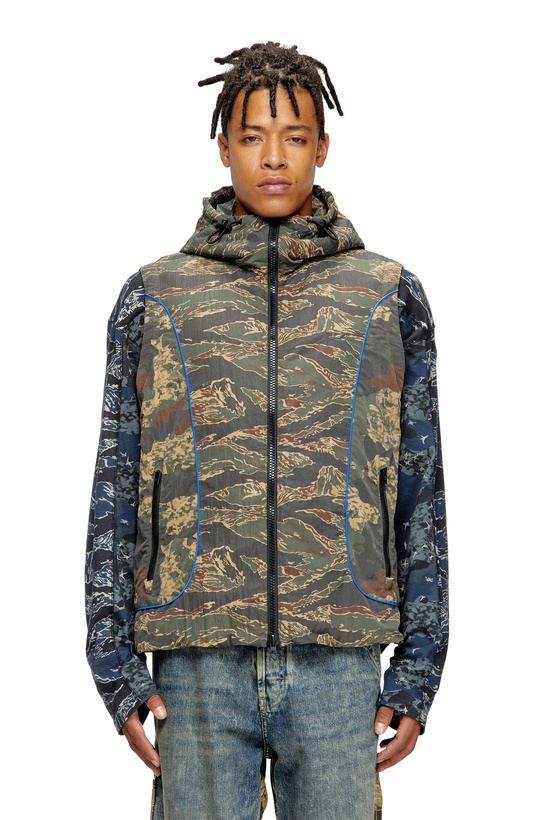 Photo: Diesel Hooded vest with mixed camo prints - Jackets Mens in Multicolor