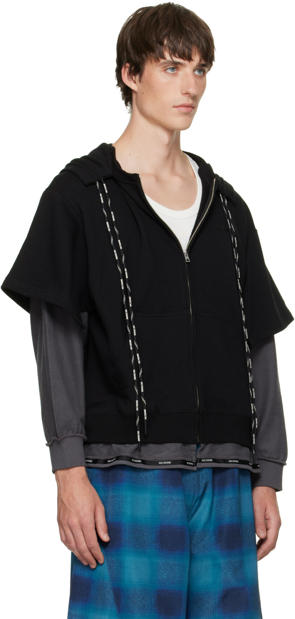 We11done Black & Gray Layered Double String Zip-Up Hoodie