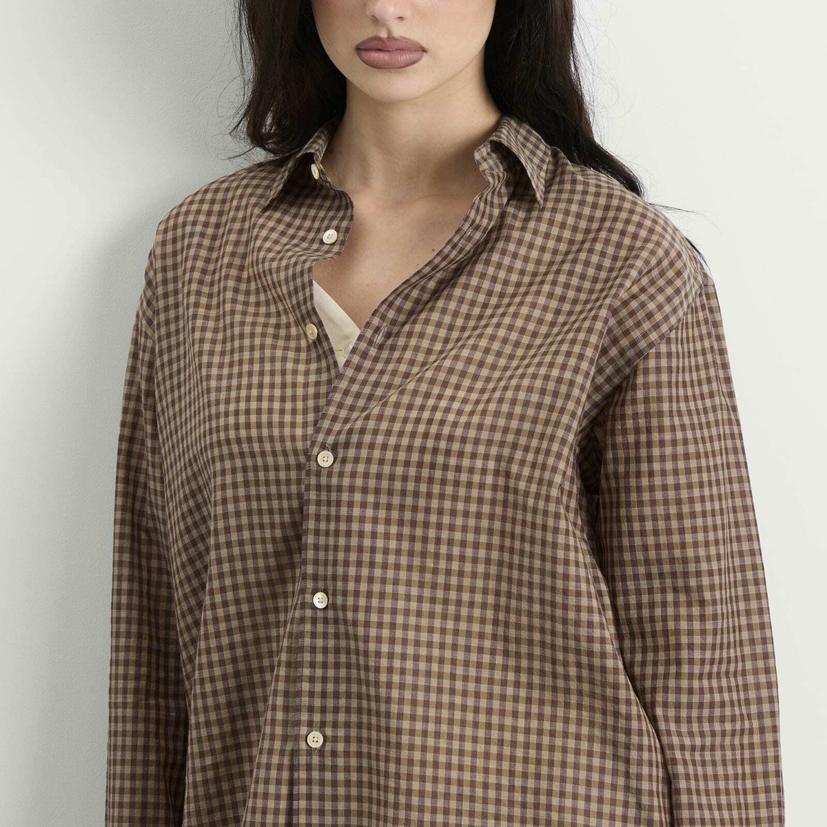 Auralee Women's Airy Light Cotton Check Shirt in Brown Gingham Check