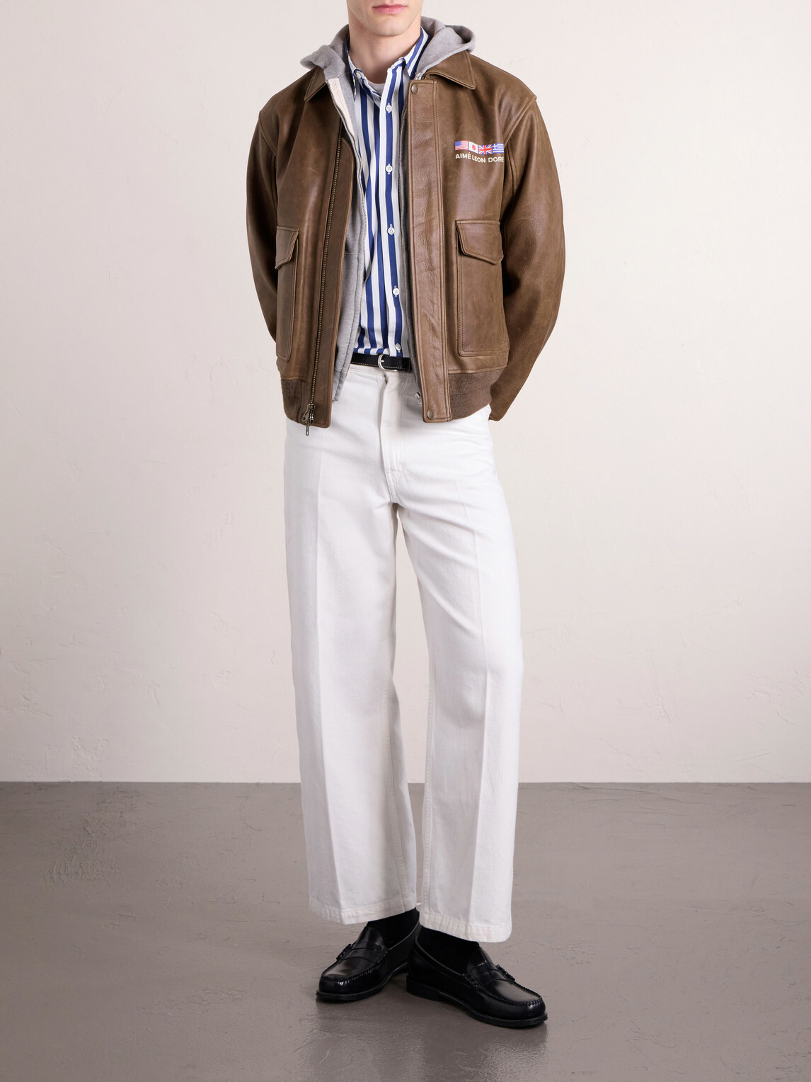 Aimé Leon Dore - World's Borough Logo-Print Leather Jacket - Brown