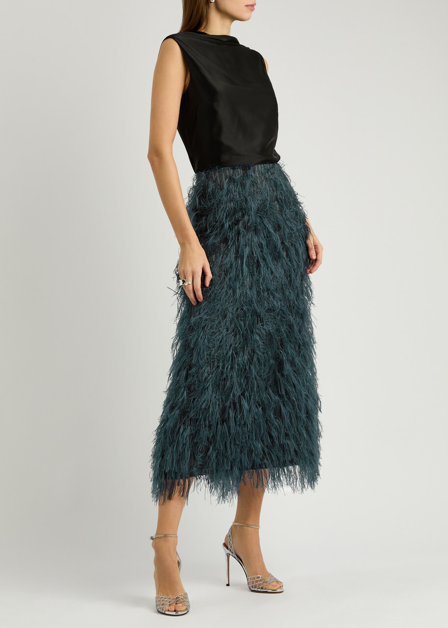 Roksanda Arion Fringed Woven Midi Pencil Skirt Navy