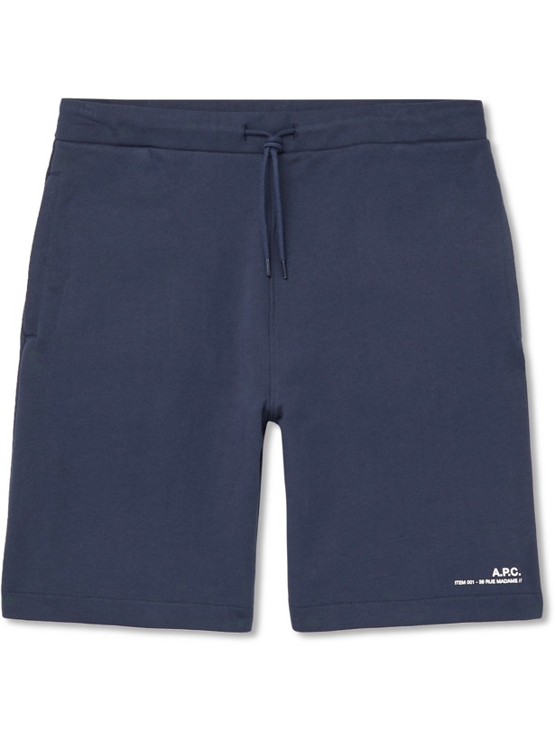 Photo: A.P.C. - Logo-Print Fleece-Back Cotton-Jersey Drawstring Shorts - Blue