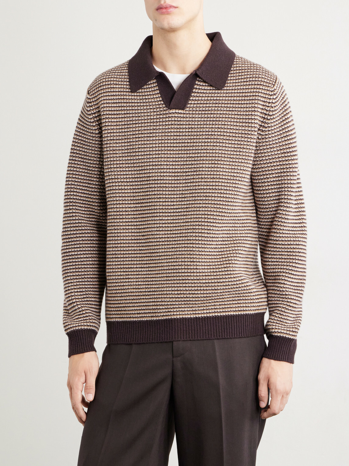 Lardini - Striped Camp-Collar Wool and Cashmere Blend Sweater - Brown