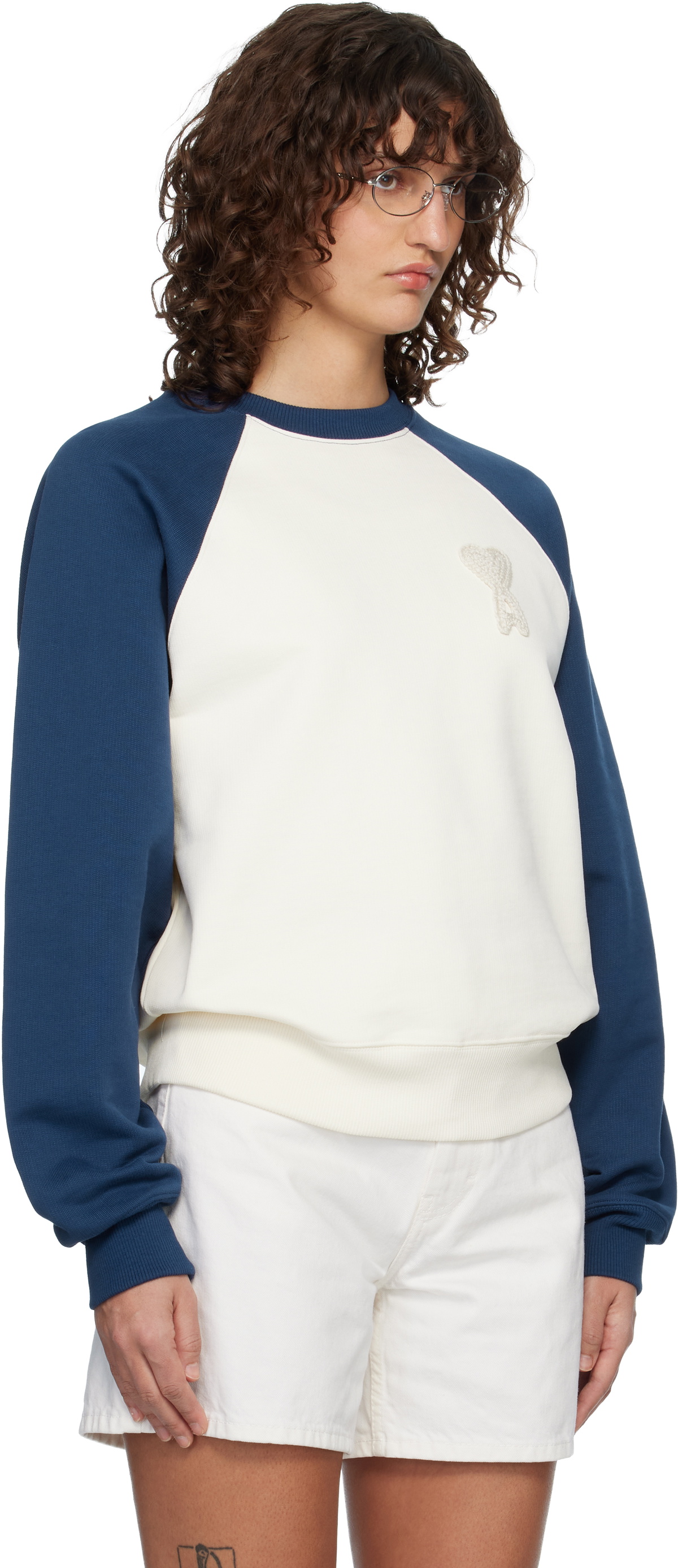 AMI Paris Off-White & Navy Cotton Knitted Ami de Coeur Sweatshirt