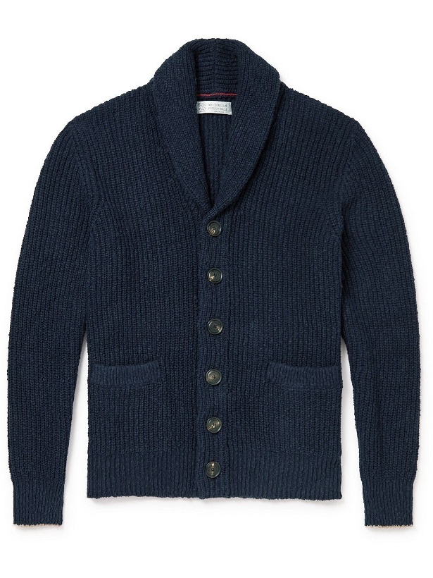 Photo: Brunello Cucinelli - Shawl-Collar Ribbed Cotton and Linen-Blend Cardigan - Blue