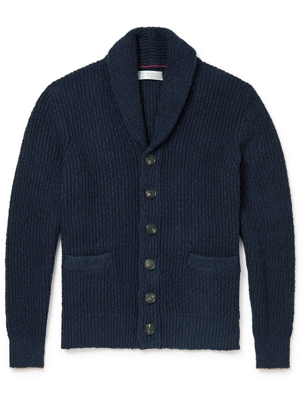 Photo: Brunello Cucinelli - Shawl-Collar Ribbed Cotton and Linen-Blend Cardigan - Blue