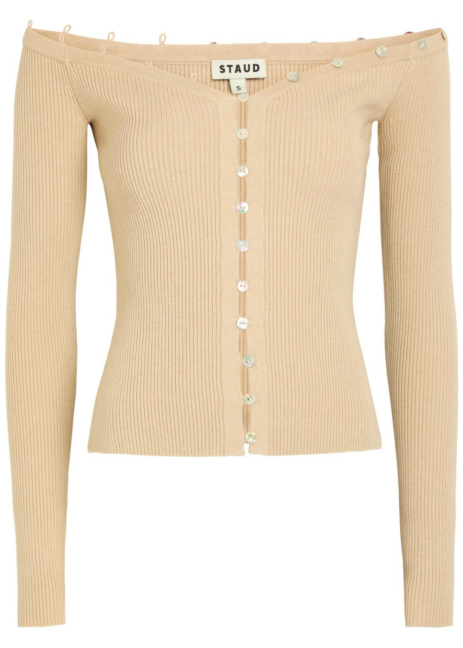 Staud Keaton Off-the-shoulder Wool and Cotton-blend top Light Pink
