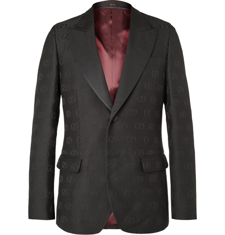 Photo: Gucci - Faille-Trimmed Logo-Jacquard Wool and Silk-Blend Tuxedo Jacket - Black