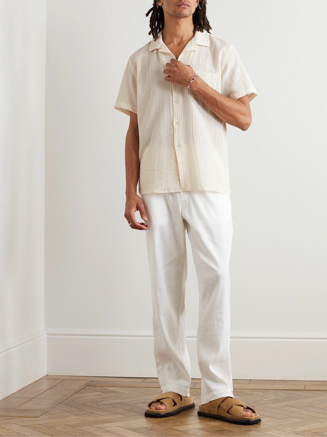 La Paz - Panama Convertible-Collar Striped Textured-Cotton Shirt - Neutrals
