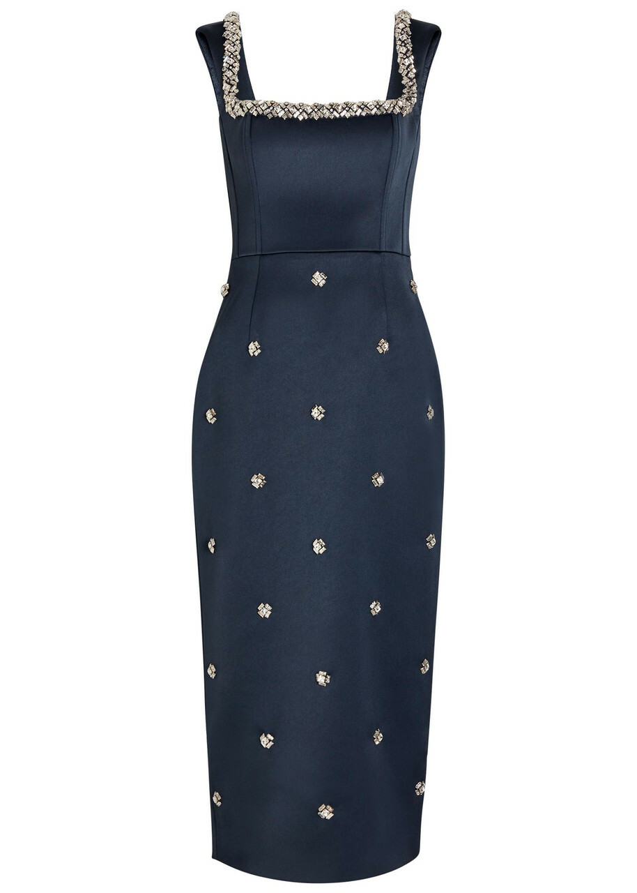 Rebecca Vallance Ayla Crystal-embellished Satin-crepe Midi Dress Navy