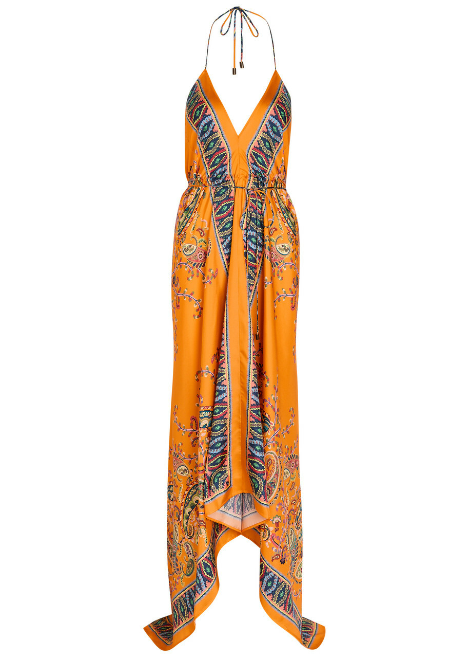 Etro Asymmetric Printed Silk Maxi Dress Orange