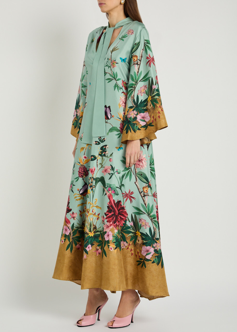 LA Double J Magnifico Printed Silk Maxi Dress Blue