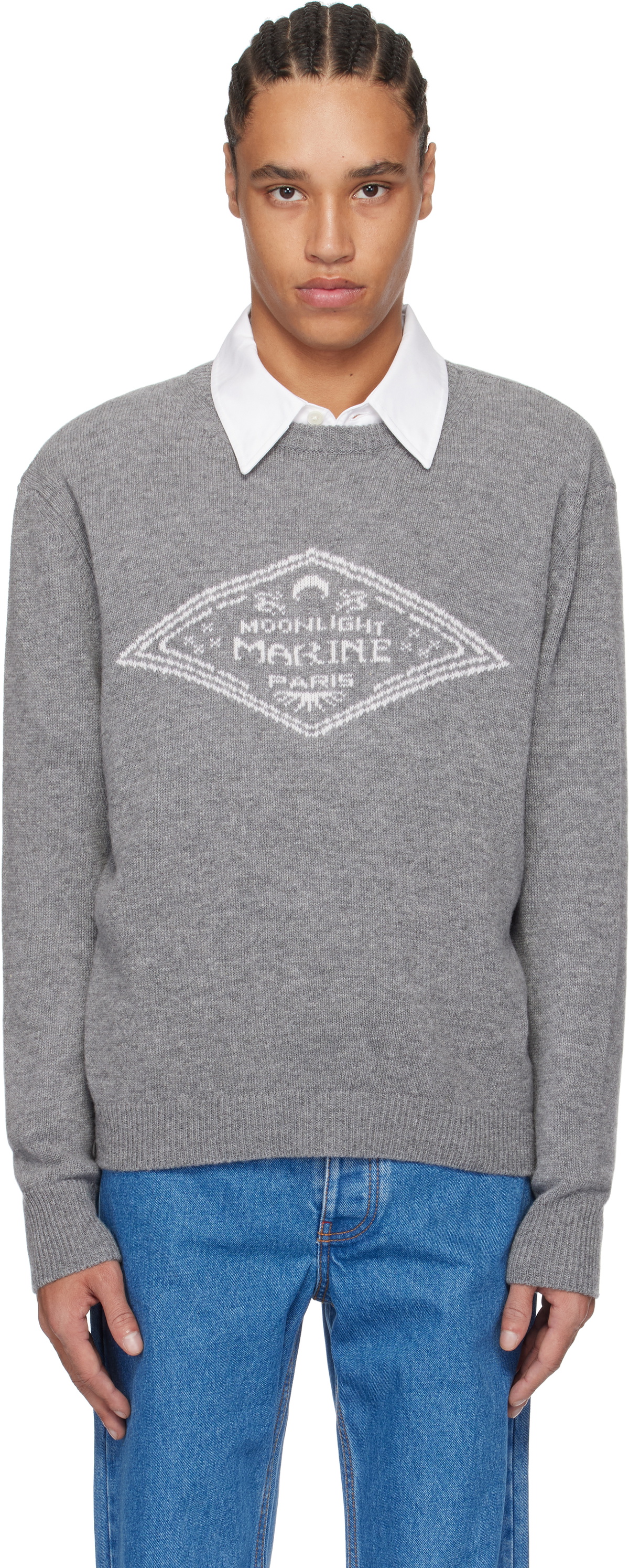 Marine Serre Gray Clean Wool Knit Crewneck Sweater