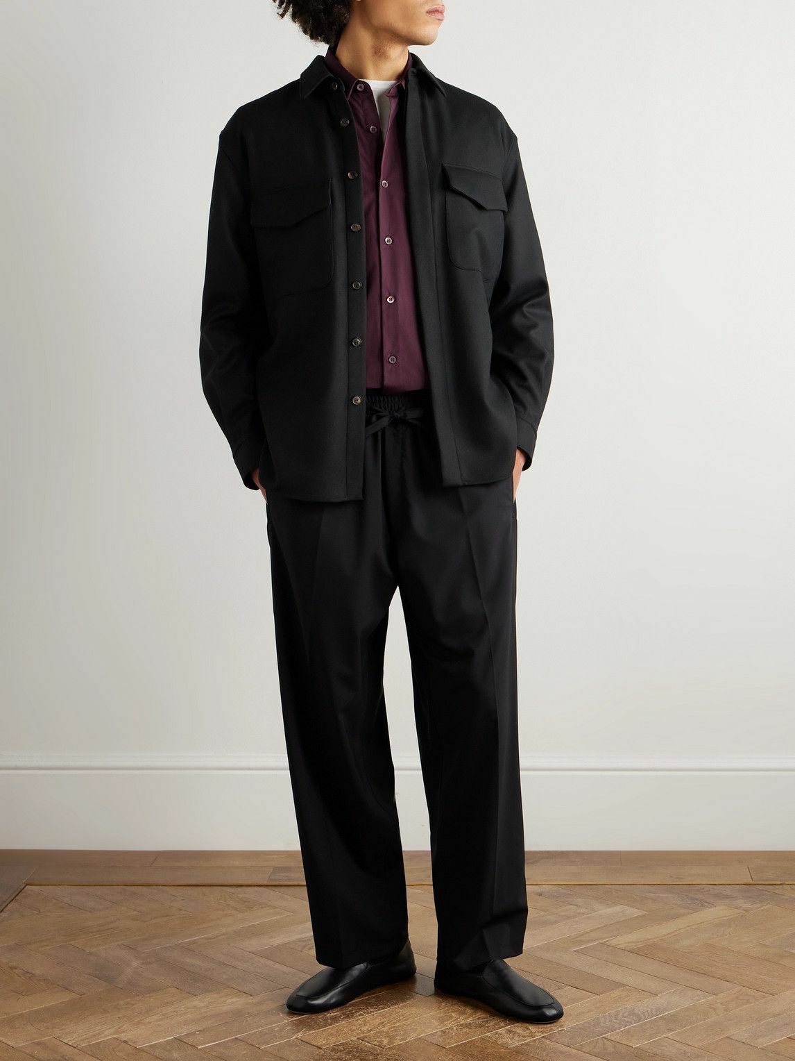 UMIT BENAN - Julian Straight-Leg Virgin Wool Drawstring Trousers - Black