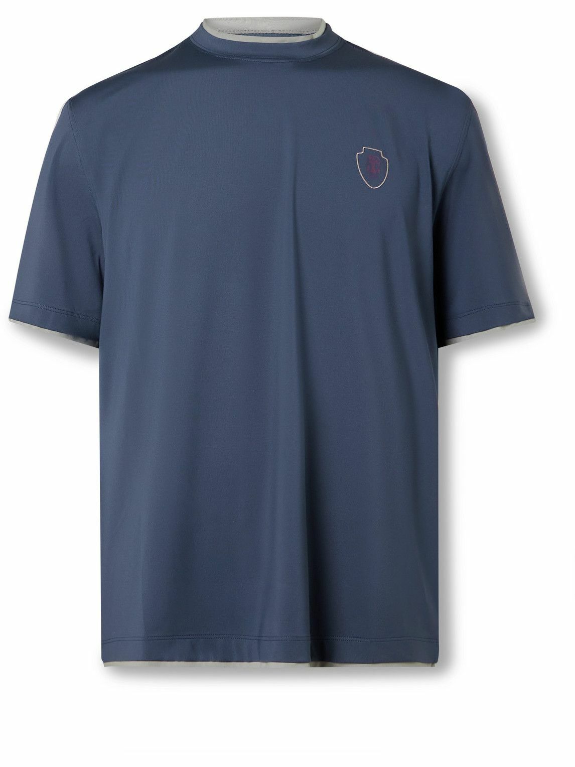 Brunello Cucinelli - Layered Logo-Print Tech-Jersey Tennis T-Shirt - Blue