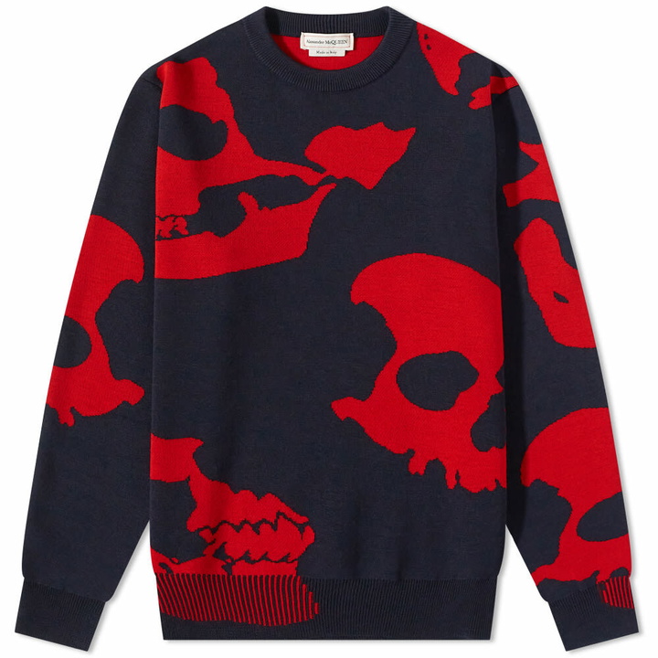 Photo: Alexander McQueen Men's Skull All Over Intarsia Crew Knit in Navy/Red