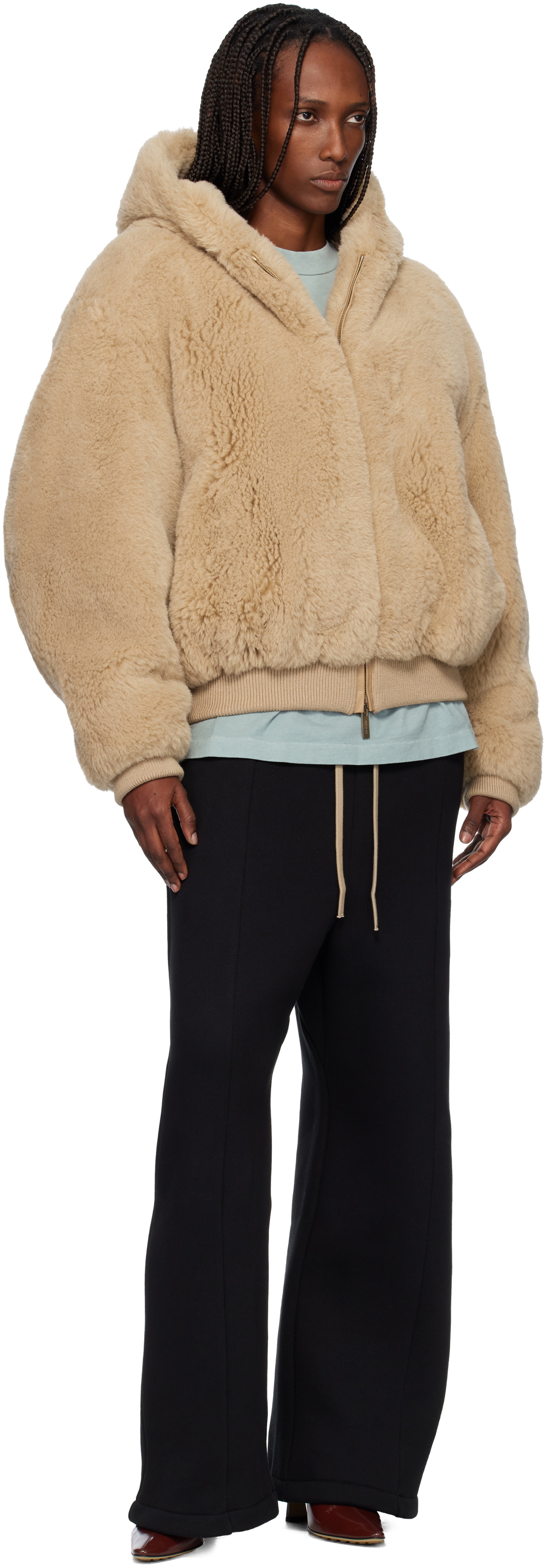 Fear of God Beige Alpaca Hooded Bomber Jacket