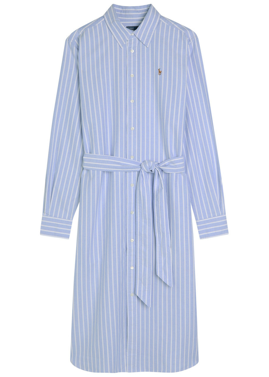 Polo Ralph Lauren Striped Belted Cotton Midi Shirt Dress Blue
