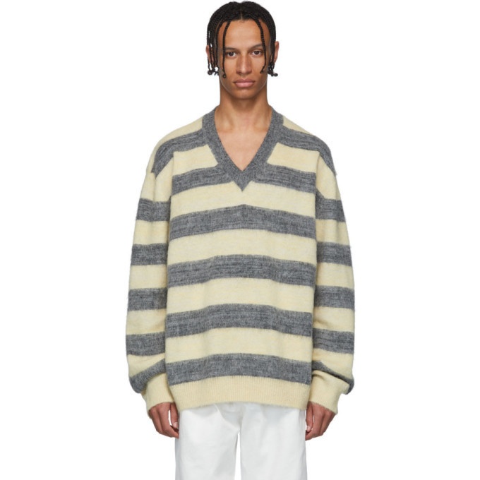 Photo: Lanvin Grey and Yellow Striped Wool and Alpaca V-Neck Sweater