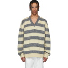 Lanvin Grey and Yellow Striped Wool and Alpaca V-Neck Sweater