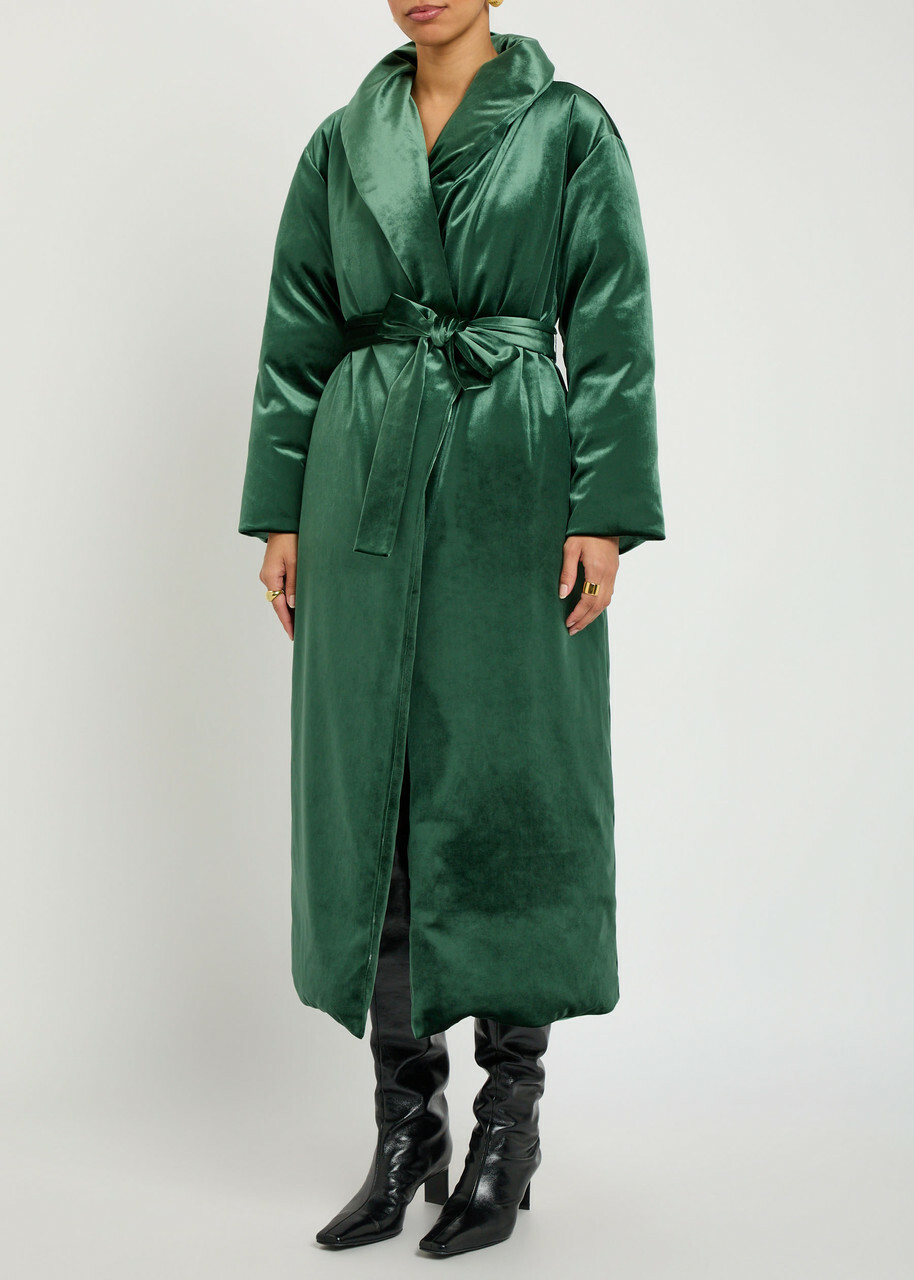 Alice + Olivia Ima Padded Belted Velvet Coat Green