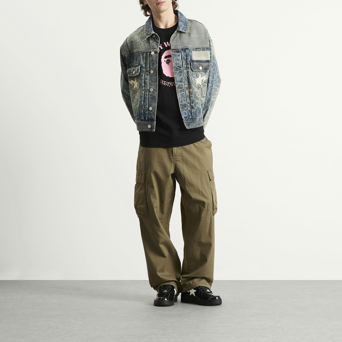 A Bathing Ape Men's Cloud Camo Upcycled Denim Trucker Jacket in Navy