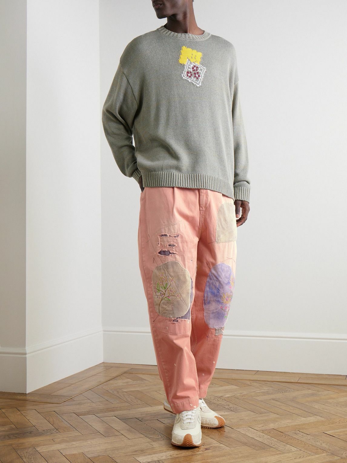 即発送KAPITALKatsuragi Distressed Trousers KAPITAL - Katsuragi Tapered Appliquéd Distressed Cotton