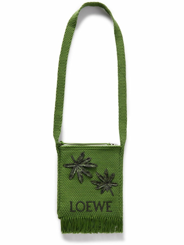 Photo: Loewe - Paula's Ibiza Appliquéd Logo-Embroidered Fringed Crocheted Messenger Bag