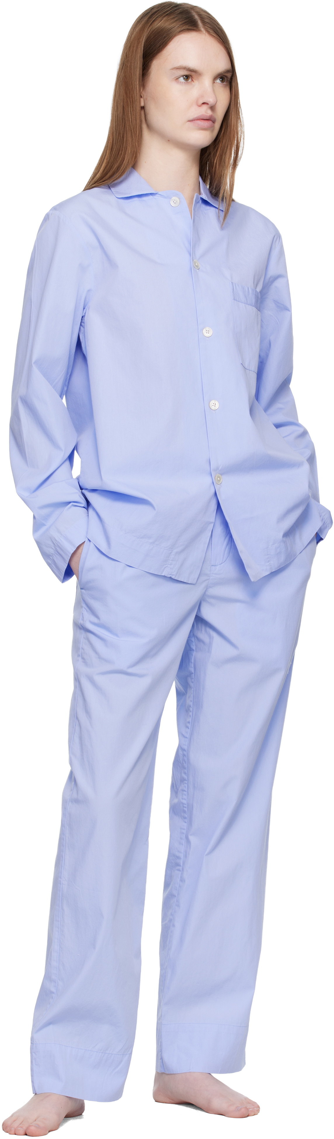 Tekla Blue Poplin Long-Sleeved Pyjama Shirt
