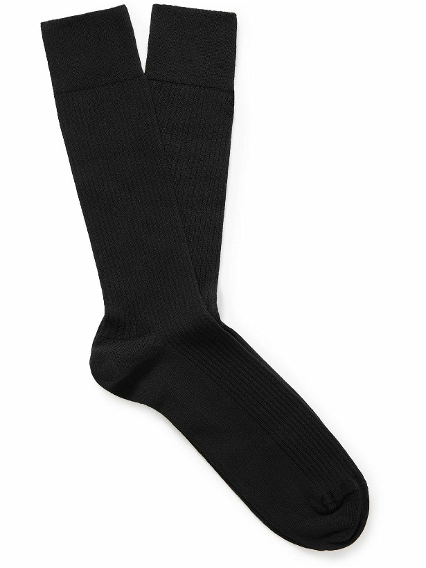 Photo: John Smedley - Edale Ribbed Cotton-Blend Socks - Black
