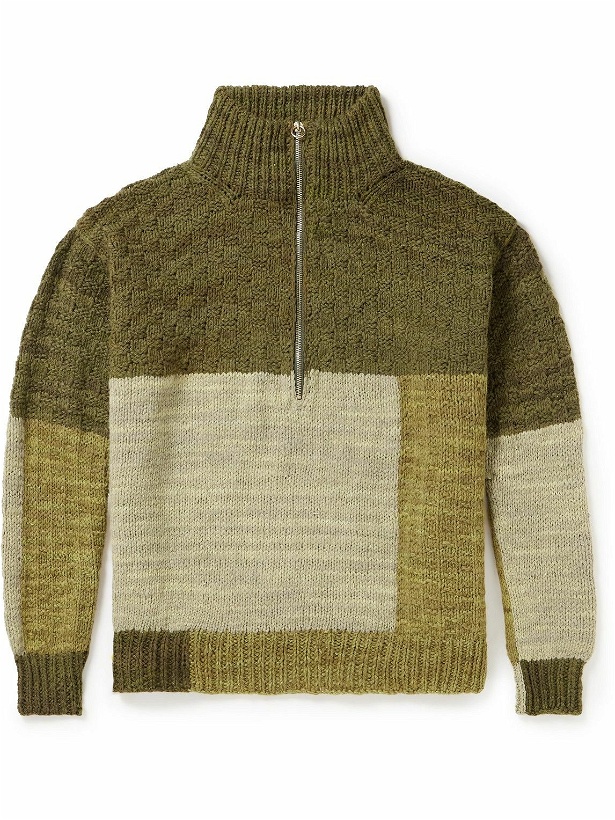 Photo: Karu Research - Throwing Fits Patchwork Knitted Half-Zip Sweater - Green