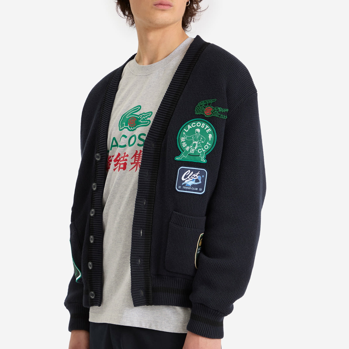 Lacoste Men's x CLOT Reversible Patch Cardigan in Navy Blue