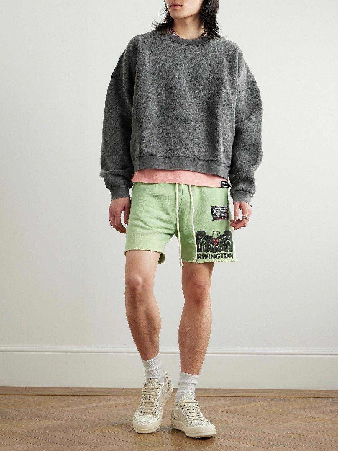 RRR123 - Flag Straight-Leg Frayed Logo-Print Cotton-Jersey