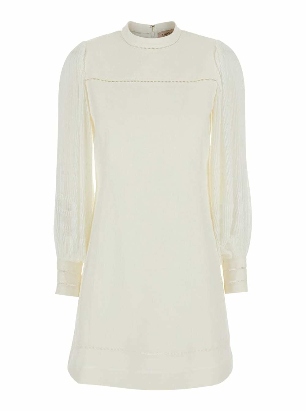 TwinSet White Dress With Logo Plaque On The Back And Openwork Detail On The Cuffs In Linen And Cotton Blend Woman TwinSet TwinSet White Dress With Logo Plaque On The Back And Openwork Detail On The Cuffs In Linen And Cotton Blend Woman TwinSet