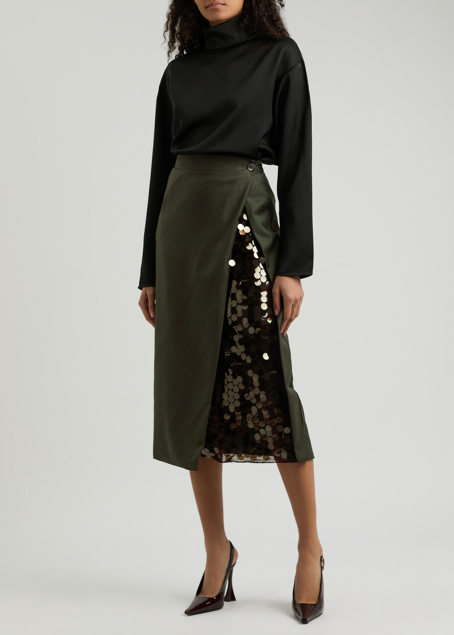 16 Arlington Beatris Embellished Wool Midi Wrap Skirt Khaki