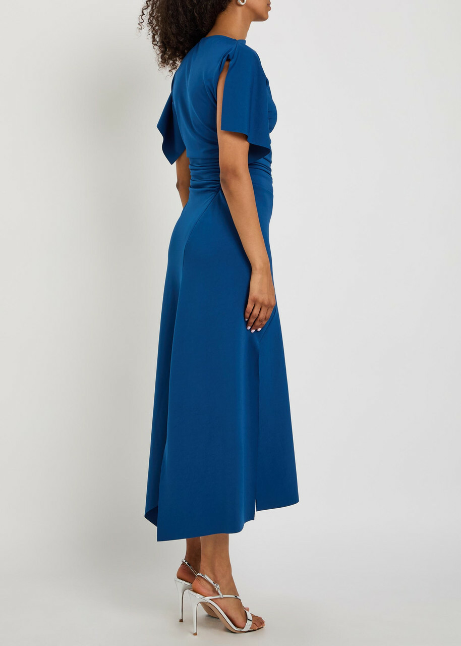 Victoria Beckham Asymmetric Ruched Stretch-jersey Midi Dress Dark Blue