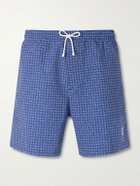 Brunello Cucinelli - Straight-Leg Mid-Length Logo-Embroidered Printed Swim Shorts - Blue