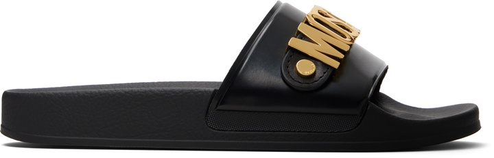Photo: Moschino Black Lettering Logo Pool Slides