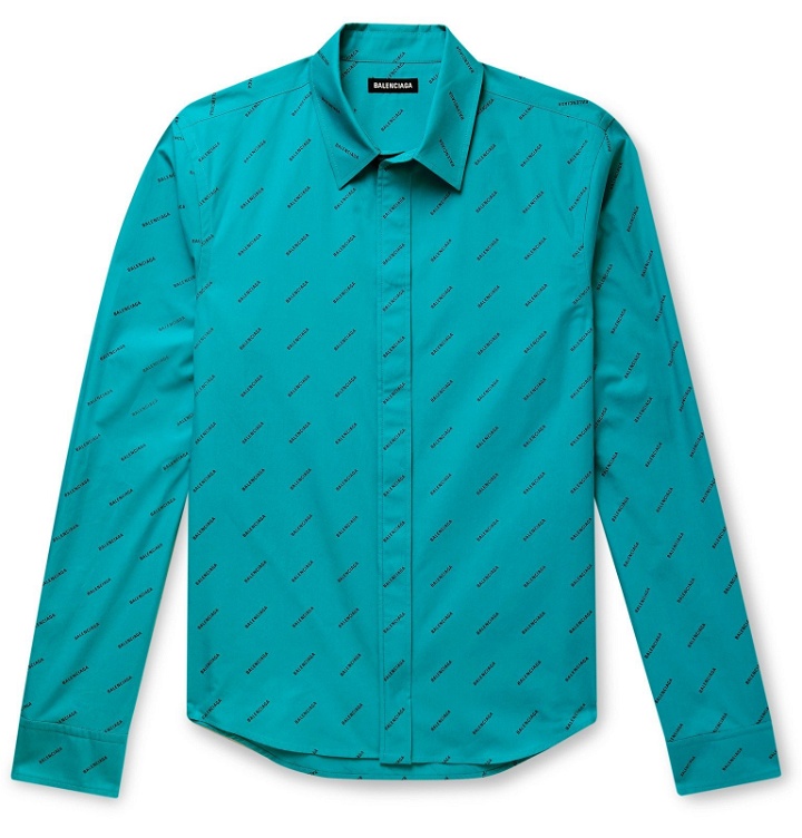 Photo: Balenciaga - Logo-Print Cotton-Poplin Shirt - Blue